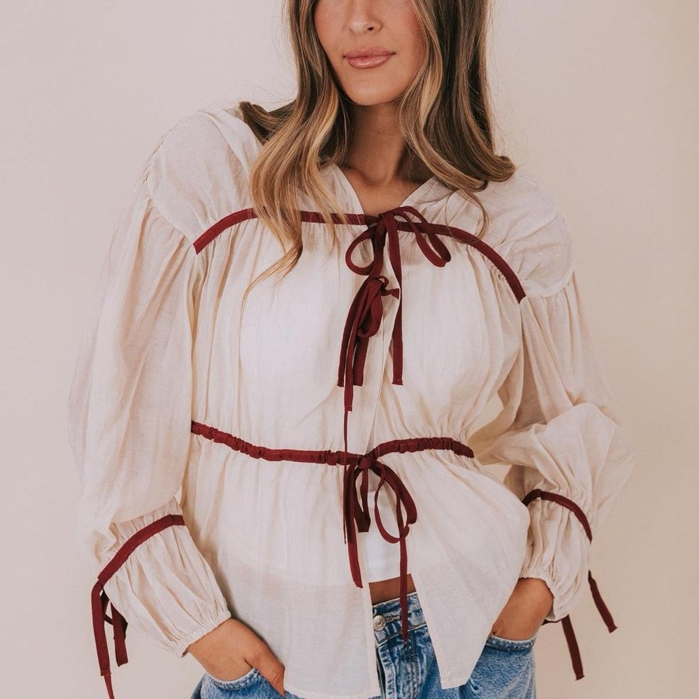 NWT Listicle Cream Blouse with Burgundy Ties